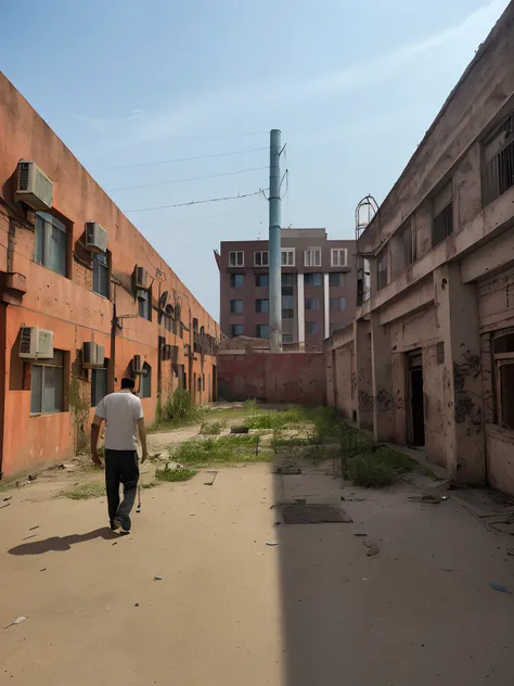 There was a man walking the streets of the ancient city, empty building with vegetation, an abandonded courtyard, chinese men in a prison, baotou china, post - soviet courtyard, Inspired by Zhang Kechun, abandoned factory, big poor building, rundown buildi...