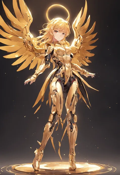 Mechanical style,Gold Theme,(1 mechanical female angel,anatomically correct,full body, golden wings,standing,circular base),Black and white background, (3D render,Cinematic Lighting, Chiaroscuro)