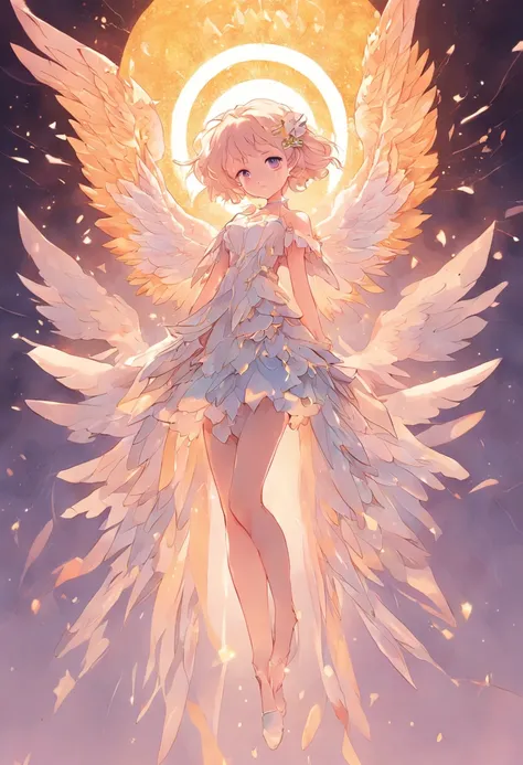 (full-body shot:1.4),  White background, (1 angel girl,shining wings, halo, exquisite headdress, smile), (paper art, Quilted paper art, geomerty), extremely colorful