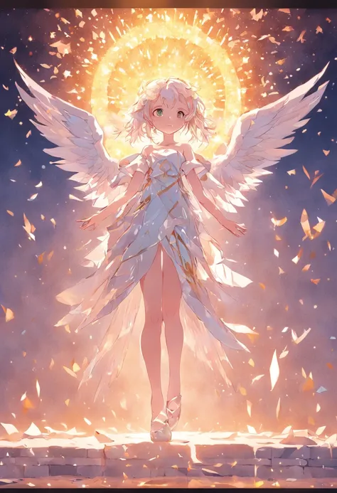 (full-body shot:1.4),  White background, (1 angel girl,shining wings, halo, exquisite headdress, smile), (paper art, Quilted paper art, geomerty), extremely colorful