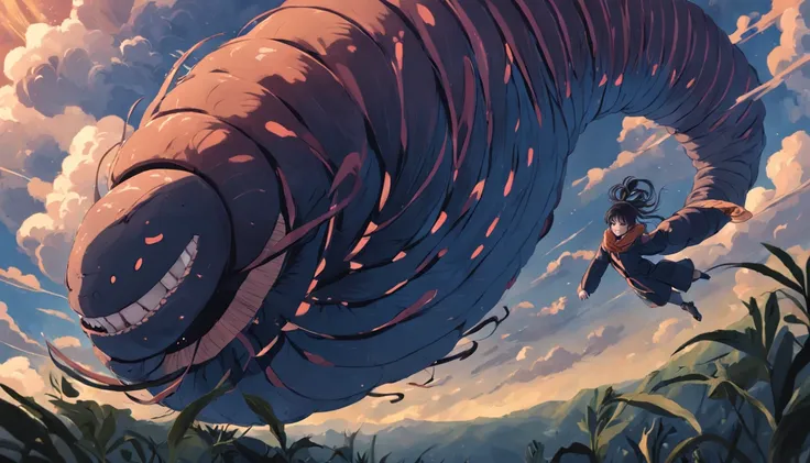 mid air，A giant millipede，Navigate the clouds，