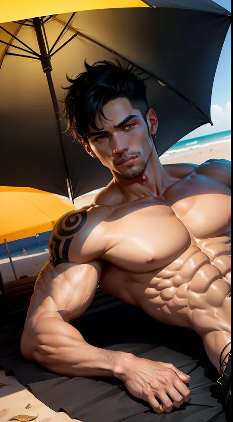 Black very short hair，Black colored eyes，Expose abs，Yellow skin，Squinted eyes，laying on，There are umbrellas，On the beach，Muscular macho man with tattoos