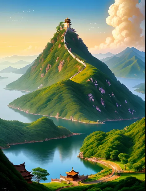 In the morning,Chinese architecture on the mountain,Magnificent,John Howe view,Lake,China,Dragon,Clouds,Farm,Lupu fairy tales,Light effect,Dream,greg rutkovsky,art  stations