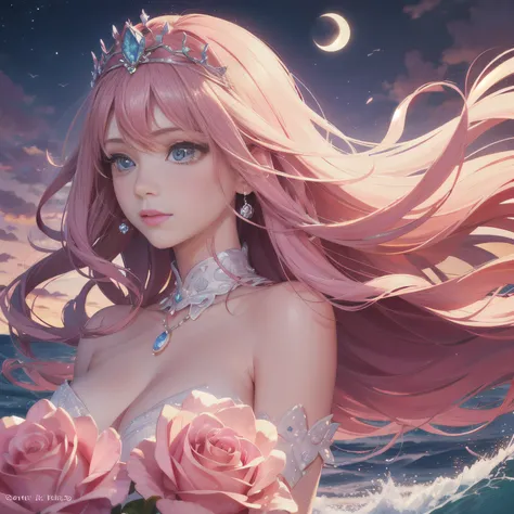 In the sky is the pink moon，pink skies，Soft pink clouds，In the distance, pink waves sparkle，Pink roses spread over a sea of pink，Full of fantasy，diamond，tiara crown，kosmos，gentlesoftlighting，ultra-realistic realism