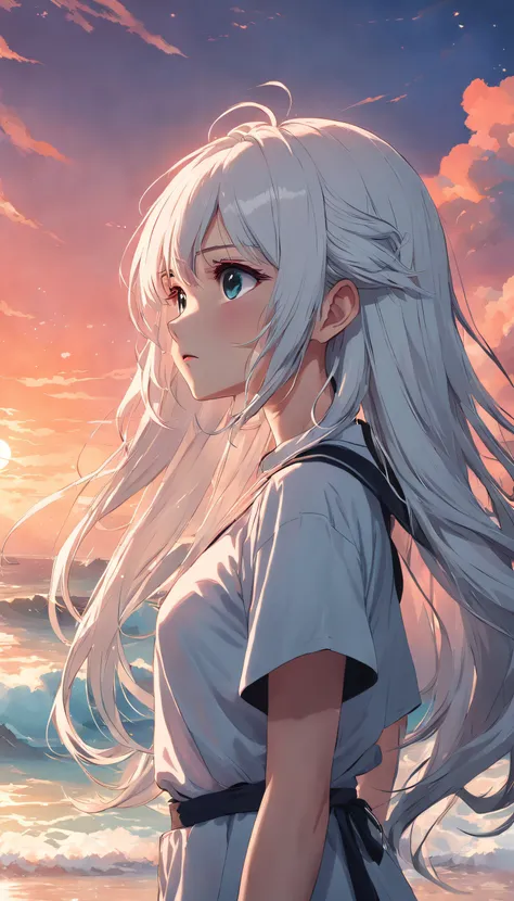 beach，look up，long white hair，dark