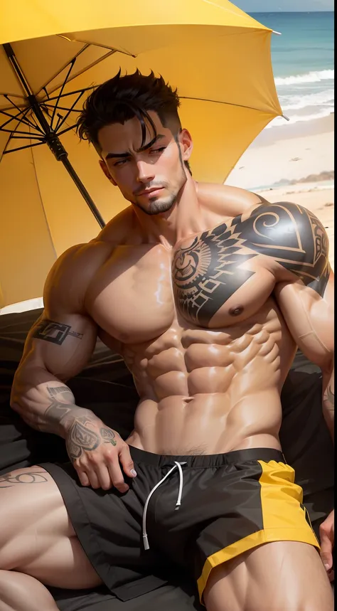 ，Black colored eyes，Expose abs，Yellow skin，With his eyes closed，sleep in，There are umbrellas，On the beach，Muscular masculinity of a man with tattoos