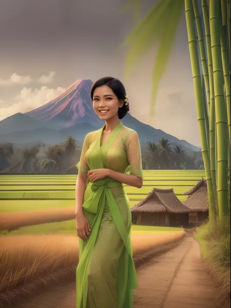 A Gorgeous black haired female Indonesian West Javanese Rice Farmer wears light green kebaya dress with a happy face and light laugh, nurturing her just about to crop rice at her vast rice field with beautiful volcano in background, bamboo hut and bamboo w...