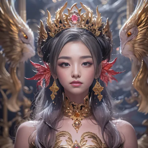 32K（tmasterpiece，k hd，hyper HD，32K）short detailed hair，Gold jewelry area in the back room，Flame Girl ，Yao Lang protector （realisticlying：1.4），Python pattern robe，Purple-pink tiara，Snowflakes fluttering，The background is pure，Hold your head high，Be proud，Th...