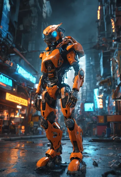 (anthropomorphism:1.5),(Full Body Shot), Cyberpunk, In the middle, 1 Orange Tiger mecha(Mechanical style Orange Tiger head, Blue glowing goggles, Gas mask, muscular limbs, muscular body), Standing on two legs, mechanical miracle, damaged Machine element,no...