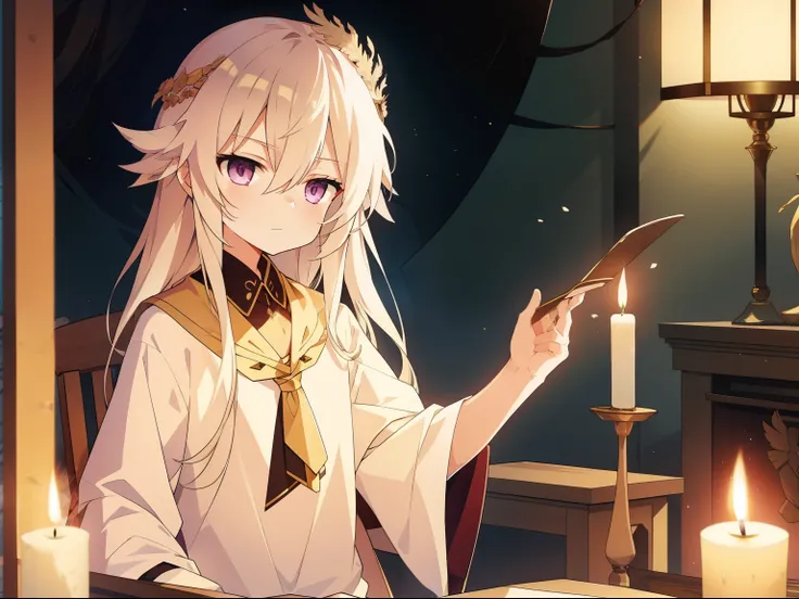 Long white hair shawl，A beautiful face，But the expression is sad，Wearing a gorgeous phoenix crown。Crooked in his chair and rolled his eyes。The scene can be her dormitory，There was a candlelit atmosphere。