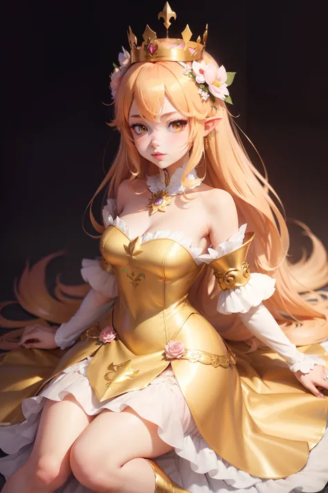 An anime character of a girl wearing a crown and a dress, character art of maple story, elf girl wearing an flower suit, gilded lotus princess, cute character, wearing golden cat armor, style of maple story, cute anime waifu in a nice dress, Elf Princess, ...