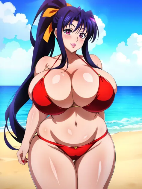 Highschool dxd, Akeno Himejima, 1girl, (((bimbo))), puffy lips, painted lips, thick lips, wide hips, thick thighs, bursting breast, big ass, revealing cleavage, erotic, Smile face, bubble butt, camel toe, bikini, standing on the beach