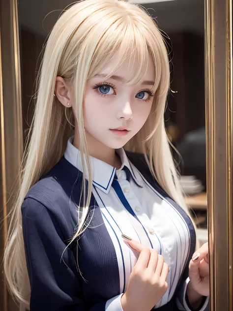 portlate、School Uniforms、bright expression、poneyTail、Young shiny shiny white shiny skin、Best Looks、Blonde reflected light、Platinum blonde hair with dazzling highlights、shiny light hair,、Super long silky straight hair、Beautiful bangs that shine、Glowing crys...