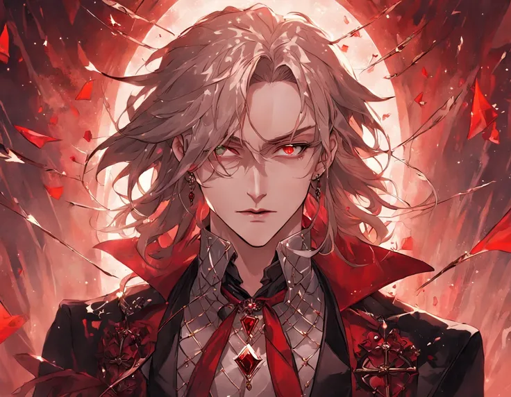 {stunningly gorgeous Male Vampire}, goth Renaissance, long Golden hair, perfect and detailed angular sharp diamond shaped human face, Gold, Ray tracing, full lips, full body, {Light defined eyebrows}, red roses background, perfect anatomy, approaching perf...