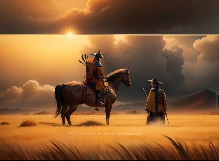 Opening Scene, Ghost of Tsushima, Akira Kurosawa, extreme long distance shot Japanese Samurai rides war horse across open pampas grass fields, dawn, yellow golden leaves, red, orange of autumn, pampas grass, lakes, rivers, billowing clouds over a blustery ...