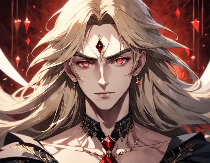 {stunningly gorgeous Male Vampire}, goth Renaissance, long Golden hair, perfect and detailed angular sharp diamond shaped human face, Gold, Ray tracing, full lips, full body, {Light defined eyebrows}, red roses background, perfect anatomy, approaching perf...