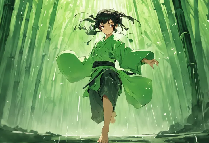 1 girl, kung fu, green bamboo forest, surrounded by rain, illustration style, motion blur, long exposure fullbody, exquisite facial features, Chinese styleink style, martial arts style, selective focus, panorama, (Bokeh:1.5)