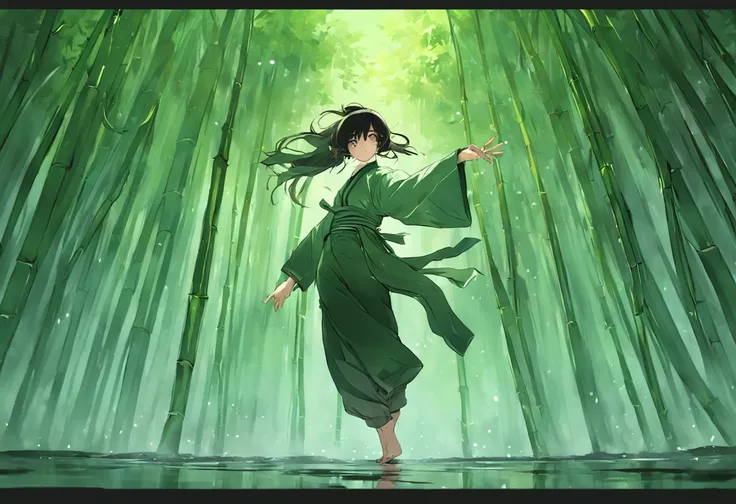 1 girl, kung fu, green bamboo forest, surrounded by rain, illustration style, motion blur, long exposure fullbody, exquisite facial features, Chinese styleink style, martial arts style, selective focus, panorama, (Bokeh:1.5)