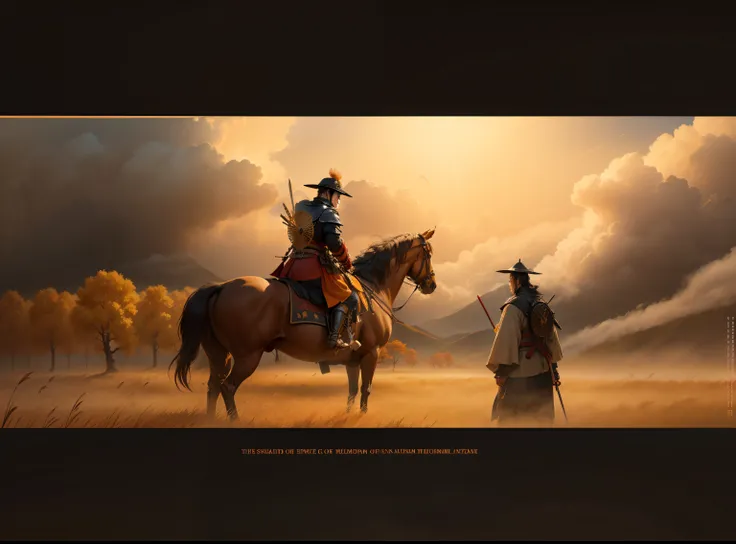 Opening Scene, Ghost of Tsushima, Akira Kurosawa, extreme long distance shot Japanese Samurai rides war horse across open pampas grass fields, dawn, yellow golden leaves, red, orange of autumn, pampas grass, lakes, rivers, billowing clouds over a blustery ...