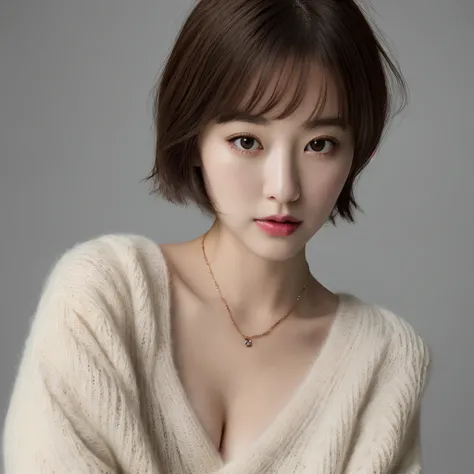 (Best quality, 8k, 32k, Masterpiece, UHD:1.2),Photo of Pretty Japanese woman, large breasts, very short bob hair,upper body,face focus,oversized_sweater, necklace, simple background, from above, looking at viewer,