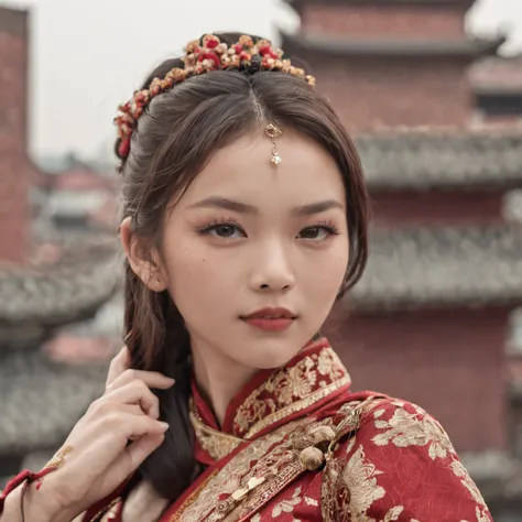 photography of，chineseidol，A beautiful girl stands on the roof of a modern city