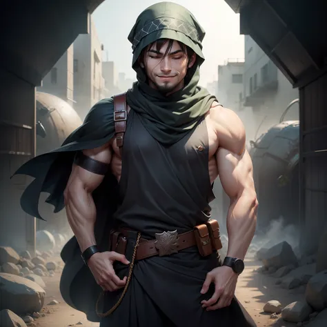 Muslim anime character, weaing kaffiyeh on head, antimony in the eye, alpha male, hands in pocket , smiling, 8k resolution, eyes closed