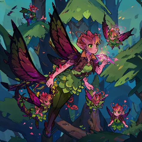 dark willow (dota), 1girl, green dress, green pantyhose, shoulder pads, wings, cape, pixie, (pink body), pointy ears, fairy wing...