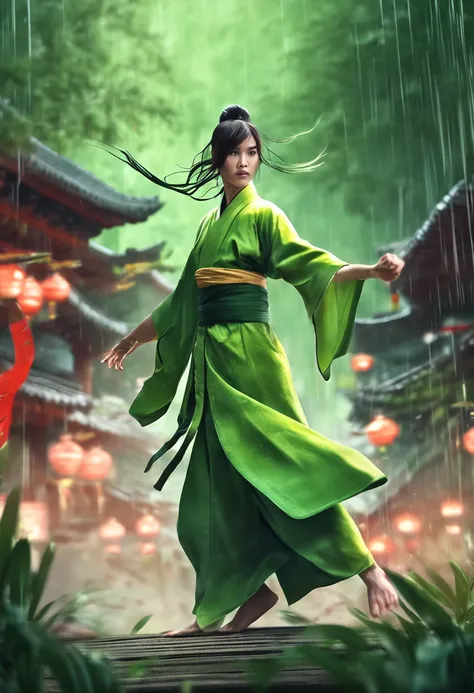 1 girl, kung fu, green bamboo forest, surrounded by rain, illustration style, motion blur, long exposure fullbody, exquisite facial features, Chinese styleink style, martial arts style, selective focus, panorama, (Bokeh:1.5)