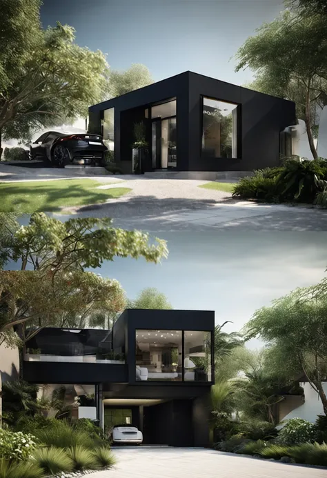 Modern black house design, green garden around the house, black front road, modern architecture, whole glass, sunshine, seaside