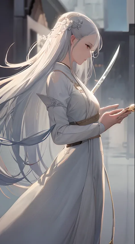 a close up of a woman with a sword in a white dress, a character portrait by Yang J, trending on cgsociety, fantasy art, beautiful character painting, artwork in the style of guweiz, guweiz, white hanfu, flowing white robes, full body wuxia, epic exquisite...