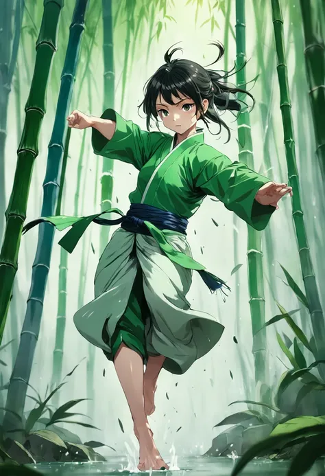 1 girl, kung fu, green bamboo forest, surrounded by rain, illustration style, motion blur, long exposure fullbody, exquisite facial features, Chinese styleink style, martial arts style, selective focus, panorama, (Bokeh:1.5)