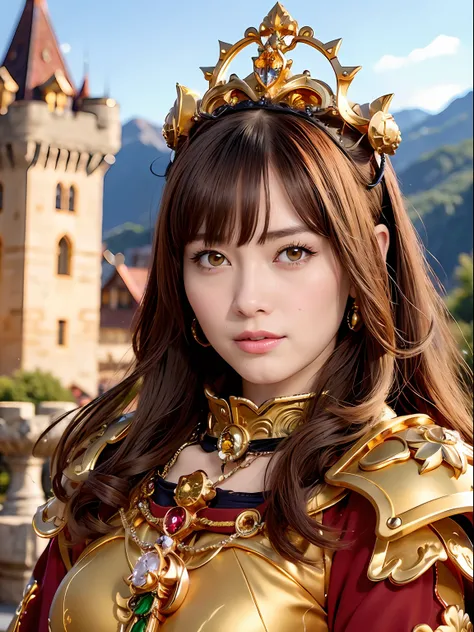 (masutepiece), Professional , ​masterpiece、top-quality、photos realistic , depth of fields （Gemstone Silver Metal Body:1.９),(Matte yellow、Jewel Gold Weapon、（Gorgeous castle background）、（Jewel Metal Body:1.４),Gorgeous Jewel Metal Weapons , Detailed Sword of ...