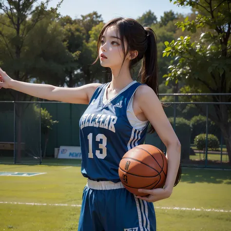 masterpiece,a realistic beautiful girl basketballwear,field basket