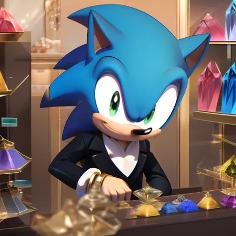 sonic the hedgehog smiling, in a gemstone shop with several display cases with beautiful jewelry