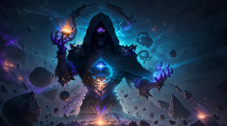 "One celestial muscular being in the center of the picture with a hood over and in hands there is brandishing magic with the luminosity of distant galaxies" ,best quality, masterpiece, ultra high res, (photo realistic:1.4), surrealism, dream-like,V0id3n...