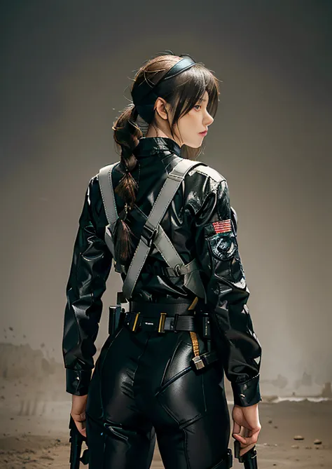 Highest image quality, outstanding details, ultra-high resolution, (realism: 1.4), (cowboy shot, from behind, looking away), highly condensed 1girl, with a delicate and beautiful face, battle posture,  ((holding a gun at the ready)), ponytail, captain, (pe...