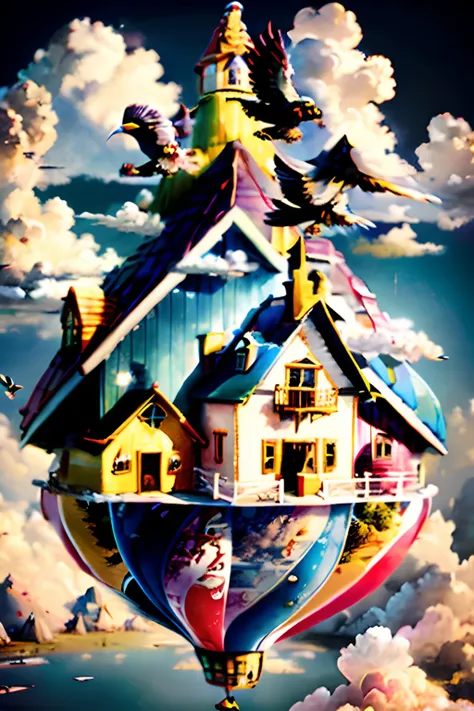 Draw a house in the clouds，A bird flies over it, flying cloud castle, in the style of Cyril Rolando, archan nair, Cloud Palace, Stylized digital illustration, Inspired by Cyril Rolando, fantasy house, Floating city in the sky, magically shaped surrealism, ...