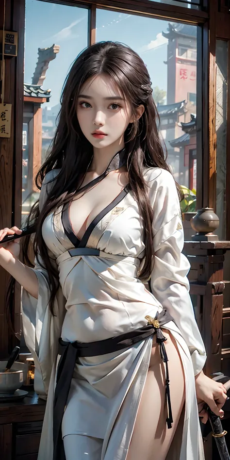 Photorealistic, high resolution, Soft light,1womanl, Solo, Hips up, view the viewer, (Detailed face), Long hair, Beautiful girl, Hanfu, east asian architecture,scabbard,architecture, tattoo, jewelry