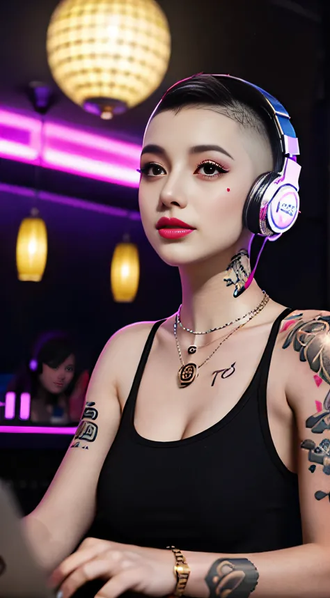 Best quality, Masterpiece, Ultra High resolution, native photo, Professional, photography, color photography, 1 girl, disco bar, girl with headphones, Djing in bar, upper body, female DJ, Looking at the crowd, DJ, DJ machine, DJ machine, Stage lights, (buz...