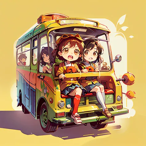 Anime characters riding a bus with yellow background, Anime style illustration, by Kubisi art, author：Nobusada Yanagawa, Japanese cartoon style, author：Narashige Koide, author：Kaneokase Kane, author：akihiko yoshida, lovely art style, anime art vehicle conc...