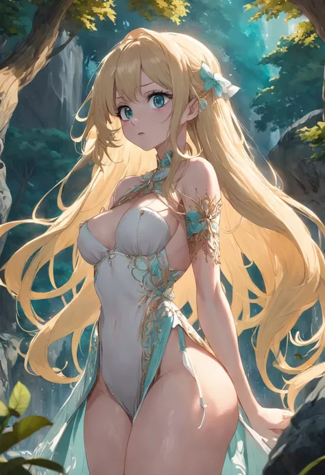 (Best Quality,Unparalleled Masterpiece:1.4),Ultra-Detailed CG 4K,(Ultra-Detailed Clear Absurdly-Vivid Mint Big Eyes:1.2),Gorgeous Round Detailed Face(Voluptuous:1.4)Elf(SFW Gigantic Breasts:1.8)TALL(Voluminous Long Blonde Hair: 1.4),ADULT(Bangs, Sidelocks:...