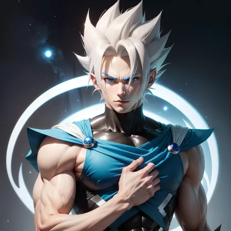 A 63 dude that look like Vegito from Dragon Ball Z but his hair is silver white whit sapphire blue at the end of every strand, his clothing is from Sans Undertale.