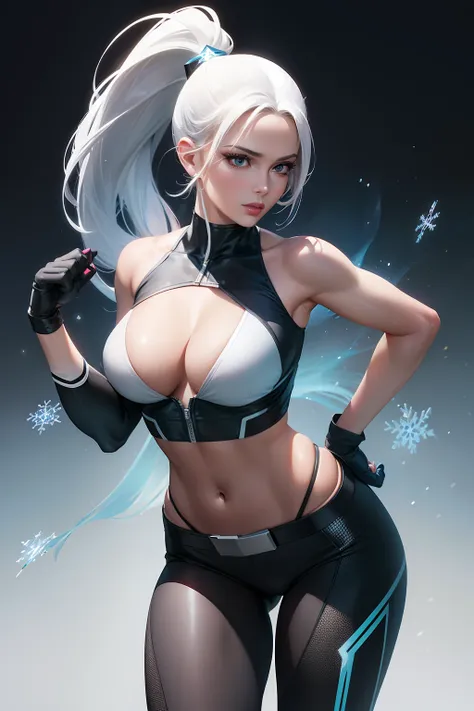 (masterpiece, 4k resolution, ultra-realistic, very detailed) a superheroine, has ice powers, white hair ponytail, back midriff w...