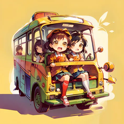 Anime characters riding a bus with yellow background, Anime style illustration, by Kubisi art, author：Nobusada Yanagawa, Japanese cartoon style, author：Narashige Koide, author：Kaneokase Kane, author：akihiko yoshida, lovely art style, anime art vehicle conc...