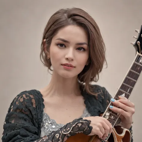 A short rock female singer，Playing guitar at concert，Singing