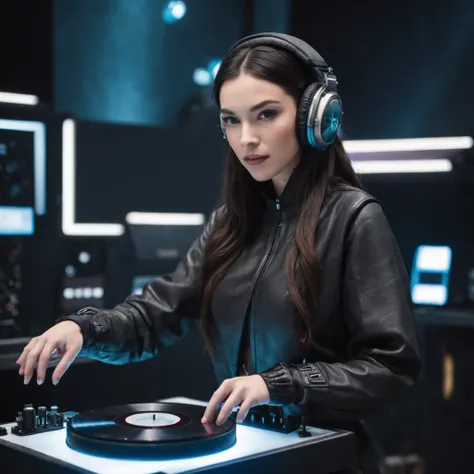 A young female DJ wears a vinyl record player on a sci-fi DJ table，（The upper part of the body：1.5）, Look at the crowd，Cybernetics enhances the highly detailed futurists on the stage table，She wears futuristic clothing and double-sided hearing headphones，S...