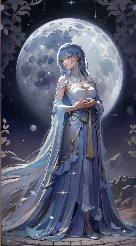 In the lunar environment, Under the tranquil starry sky, Standing a woman with an elegant and serene appearance. Her hair, Illuminated by silver moonlight, Falling in delicate waves on her shoulders. Costumes are decorated to reflect the surroundings, She ...