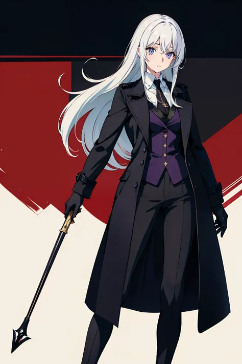 Beautiful female，Has pure white hair，wearing black suits，tiese，a black trench coat，boots，black glove，side parted hair，Blue-purple eyes。