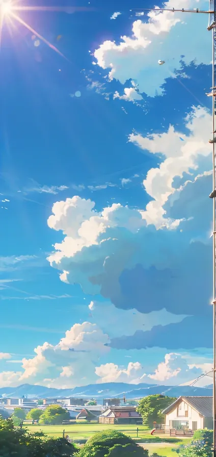 8k hdr，There are a few white clouds in the sky，Faraway view，wide angles，Studio Ghibli Sky，Studio Ghibli view，Ghibli Studio Environment，Studio Ghibli Sunshine，soft sun light，pretty colors，Nice reflections，Sunnyday