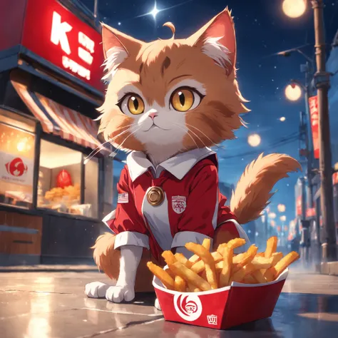 An exquisite CG illustration showcases a cute cat with big eyes enjoying crispy fried chicken and French fries in front of a KFC under the full moon. The cat is wearing a red outfit.